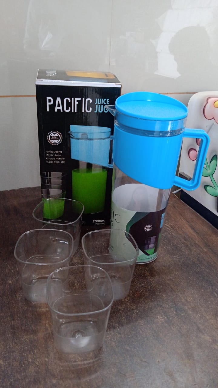 Transparent Stylish Premium Jug with Elegant Handle (2000 ML Jug Approx & 4 Pcs Plastic Glass) Transparent Stylish Premium Jug with Elegant Handle (2000 ML Jug Approx & 4 Pcs Plastic Glass)